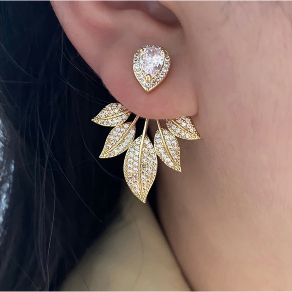 Diamond Leaf Floral Crystal Bohemian Gold 925 Sterling Silver Festival Earring - Picture 1 of 6
